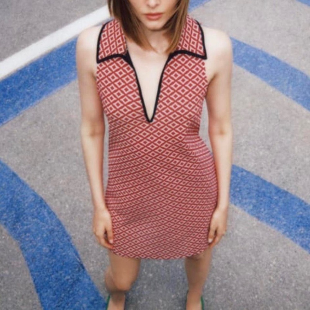 Zara Red Diamond-Print Mini Dress with Black Trim
